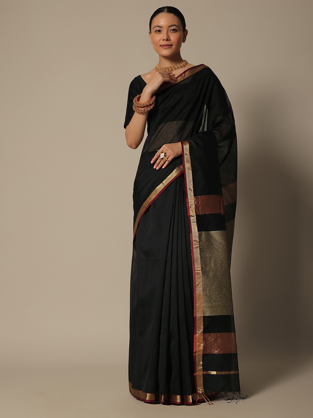 

KALKI Fashion Zari Chanderi Saree, Black