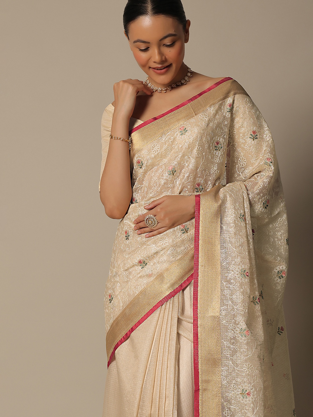 

KALKI Fashion Floral Woven Design Zari Chanderi Saree, Beige