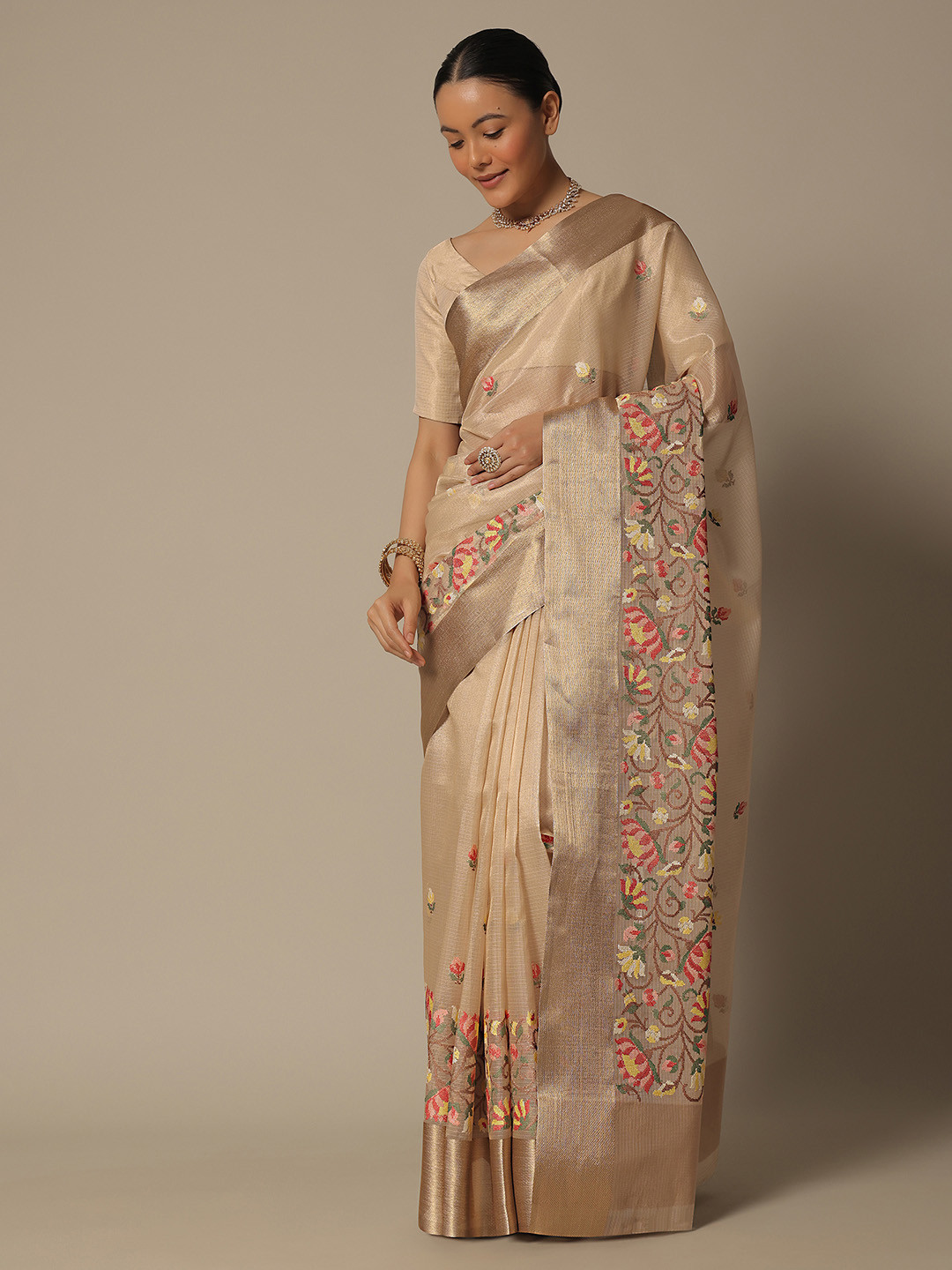 

KALKI Fashion Floral Embroidered Zari Chanderi Saree, Beige
