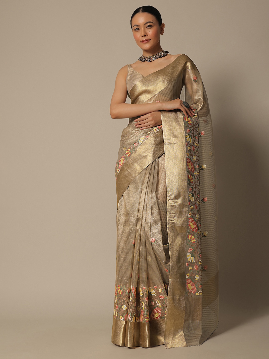 

KALKI Fashion Floral Embroidered Zari Chanderi Saree, Brown