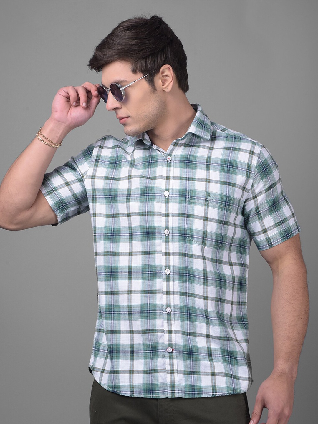 

Crimsoune Club Tartan Checks Checked Spread Collar Cotton Casual Shirt, Green