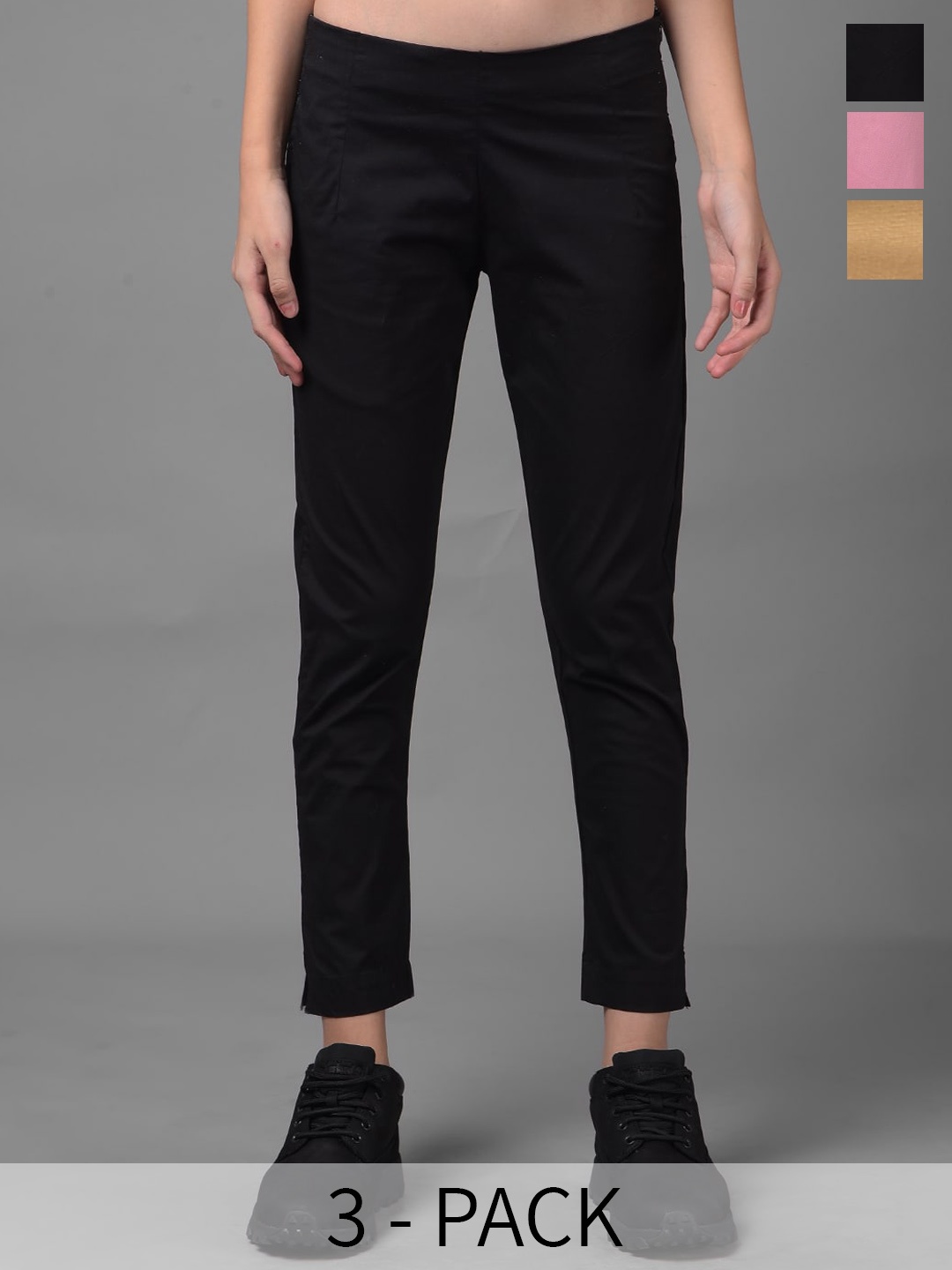 

Dollar Missy Women Pack of 3 Smart Slim Fit Wrinkle Free Cotton Trousers, Black
