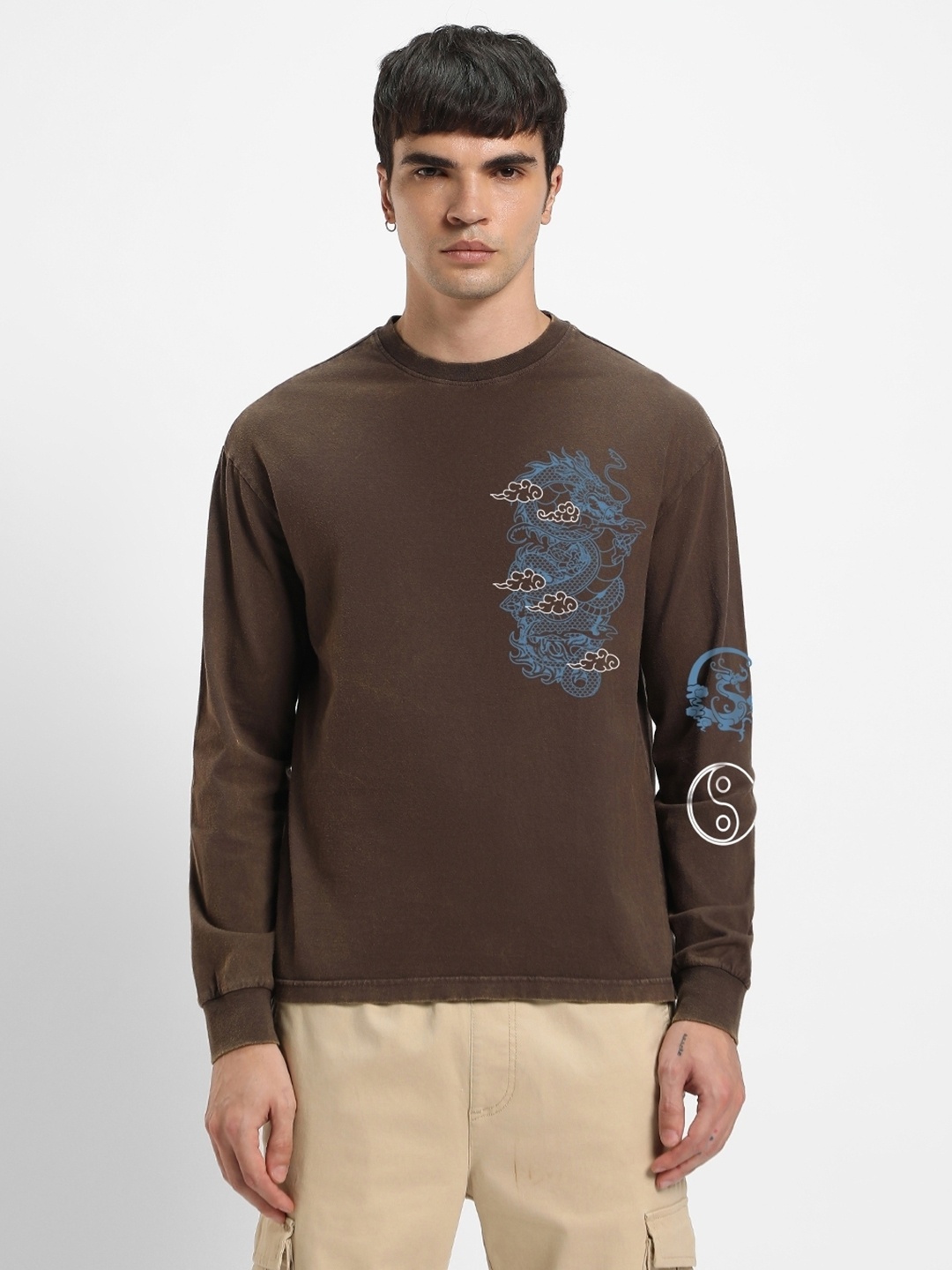 

Bewakoof Free Spirit Graphic Printed Drop-Shoulder Sleeves Oversized Cotton T-shirt, Brown