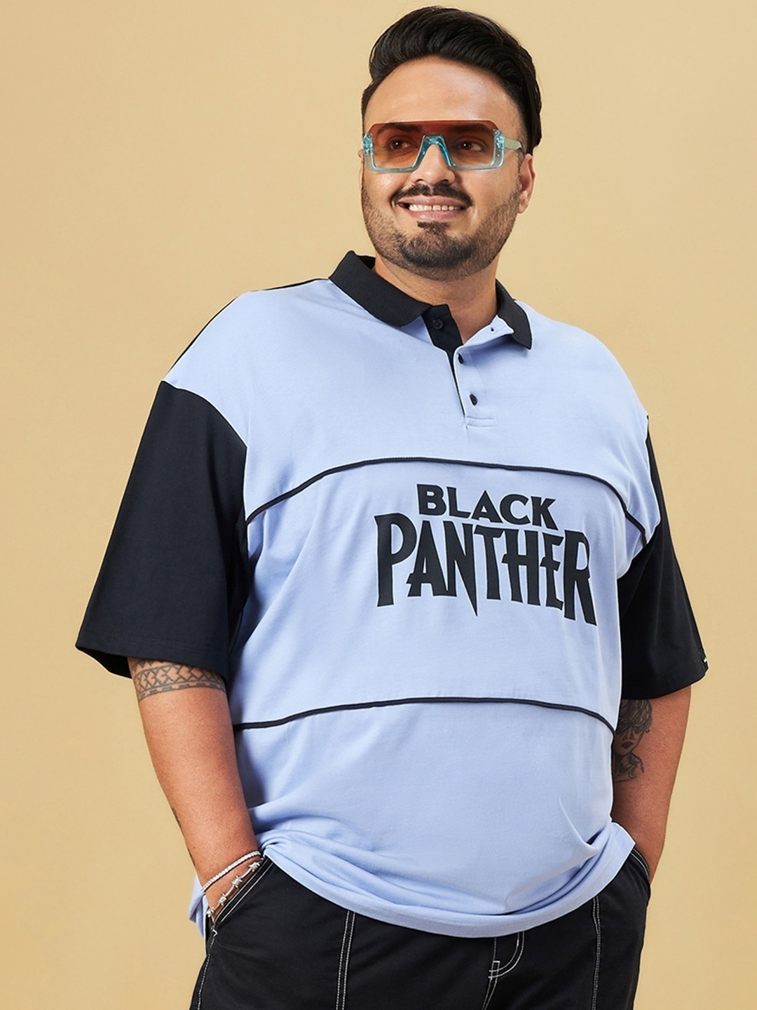 

Bewakoof MARVEL Plus Size Black Panther Marvel Printed Polo Collar Oversized T-shirt, Blue