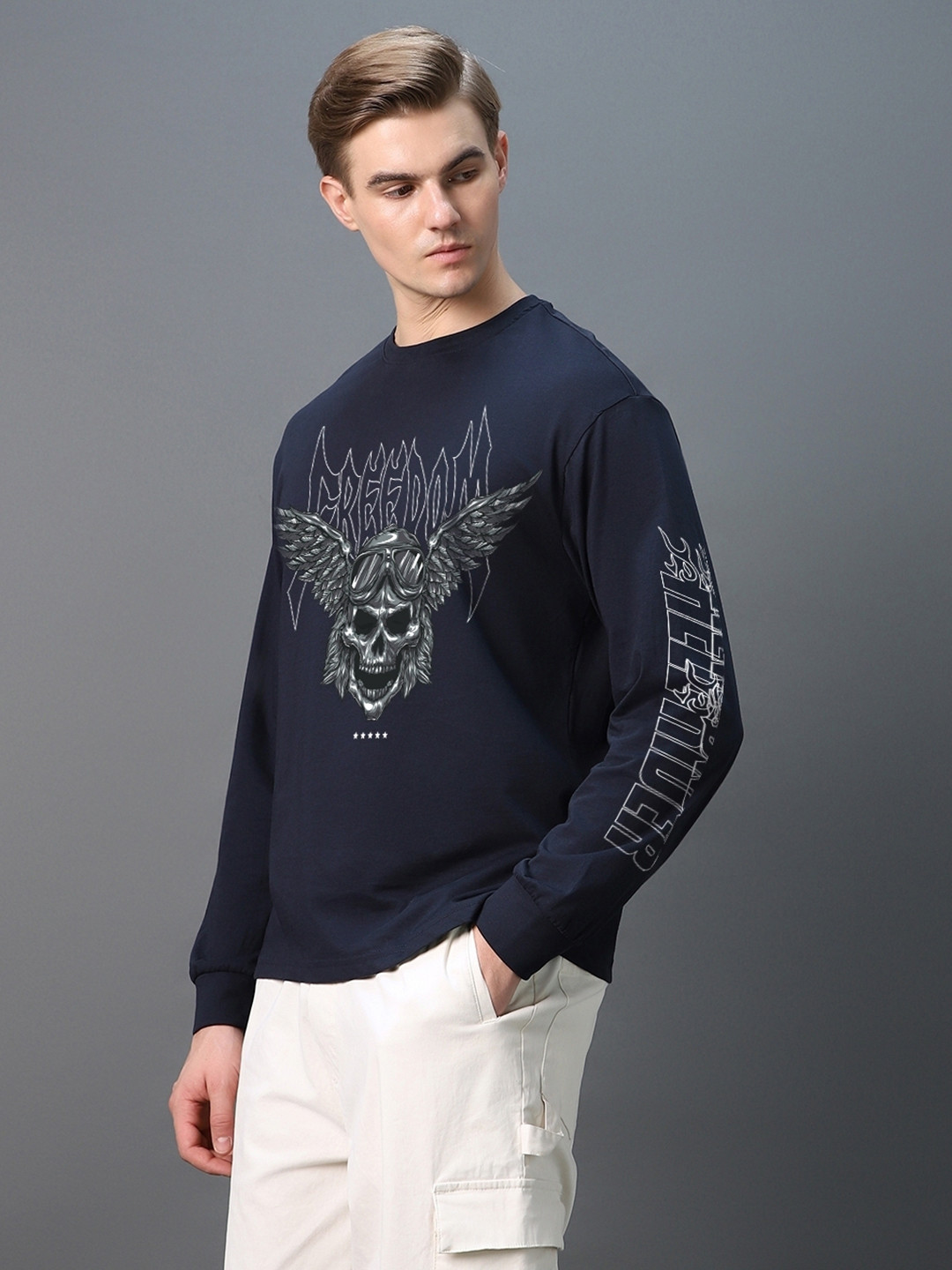 

Bewakoof Free Ride Graphic Printed Drop-Shoulder Sleeves Oversized Cotton T-shirt, Blue