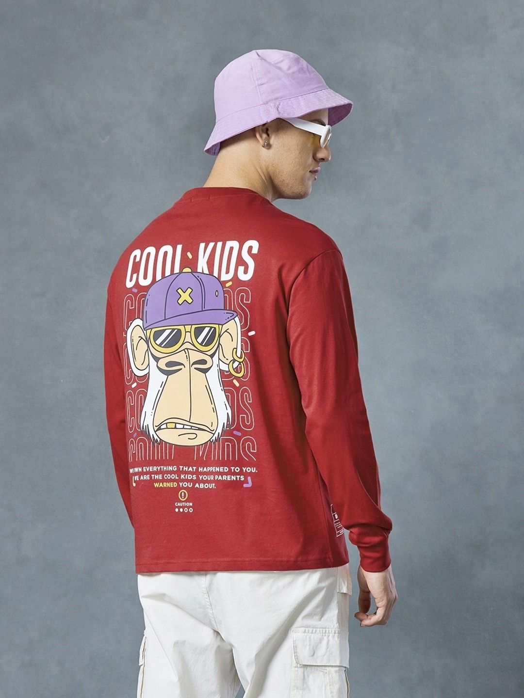 

Bewakoof Cool Kids Graphic Printed Drop-Shoulder Sleeves Oversized Cotton T-shirt, Red