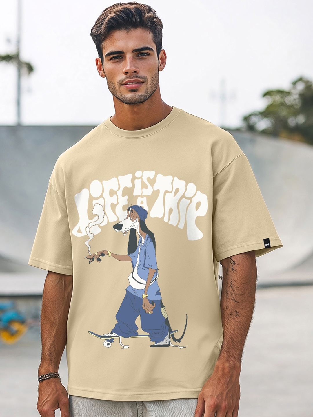 

Bewakoof Life is a Trip Graphic Printed Drop-Shoulder Sleeves Oversized Cotton T-shirt, Brown