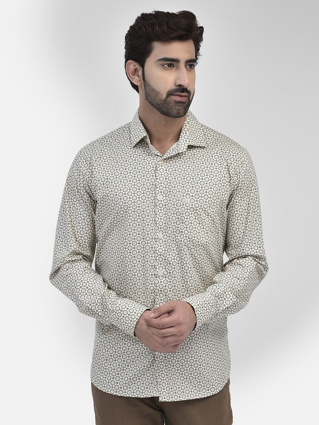 

Crimsoune Club Printed Spread Collar Cotton Casual Shirt, Beige