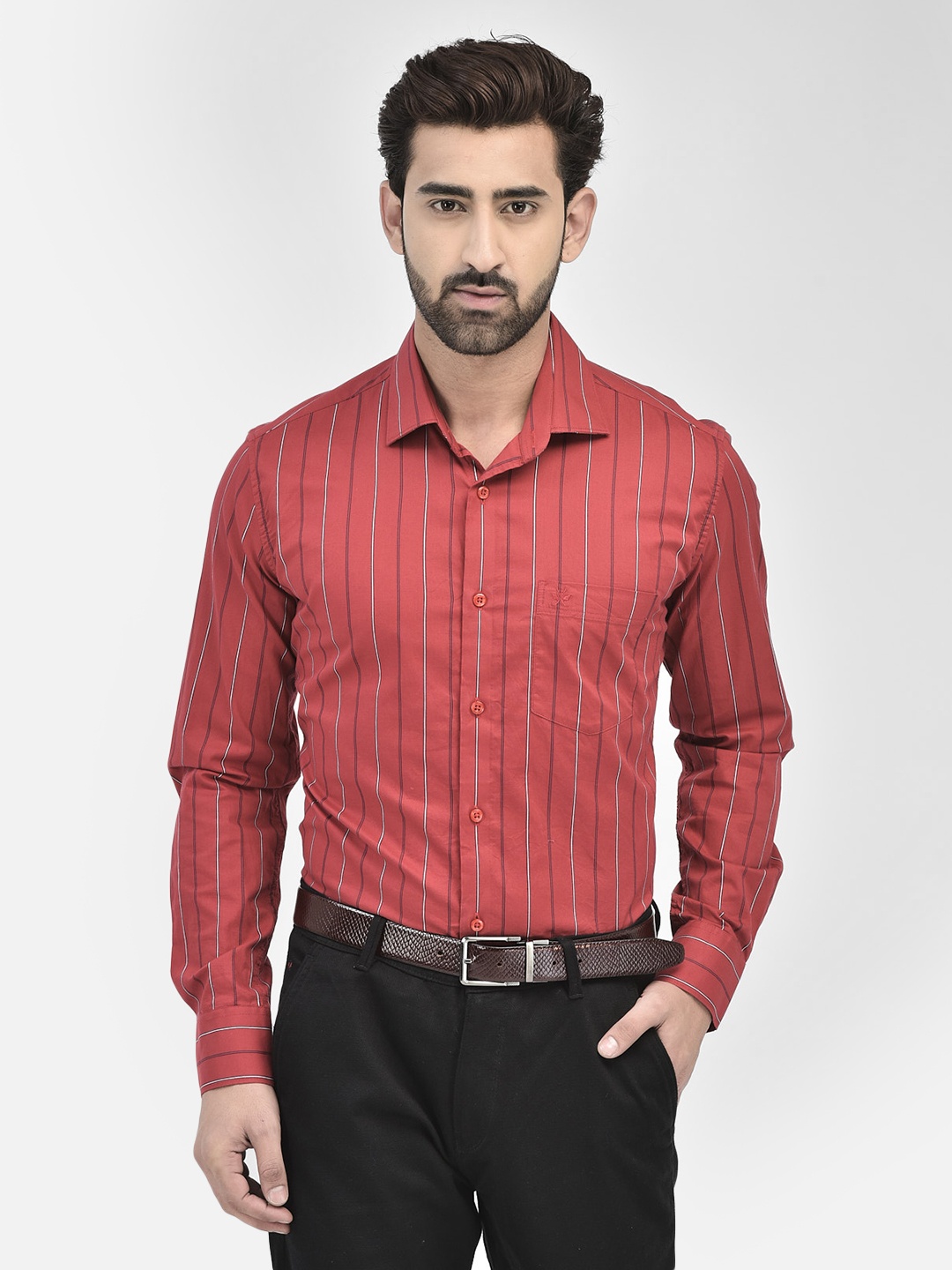 

Crimsoune Club Classic Slim Fit Vertical Striped Pure Cotton Casual Shirt, Red