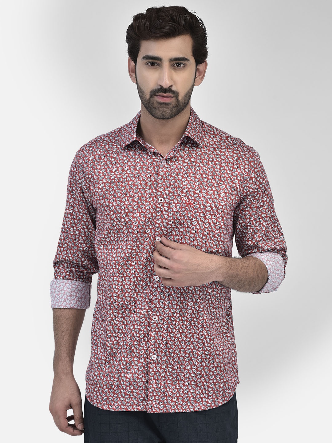 

Crimsoune Club Floral Printed Spread Collar Slim Fit Cotton Casual Shirt, Red