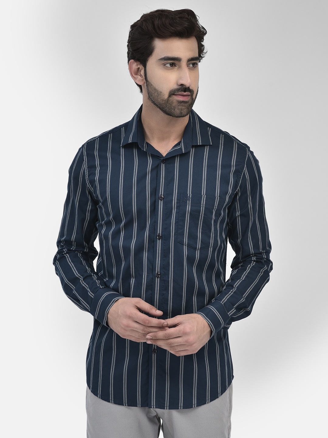 

Crimsoune Club Striped Printed Spread Collar Slim Fit Cotton Casual Shirt, Navy blue