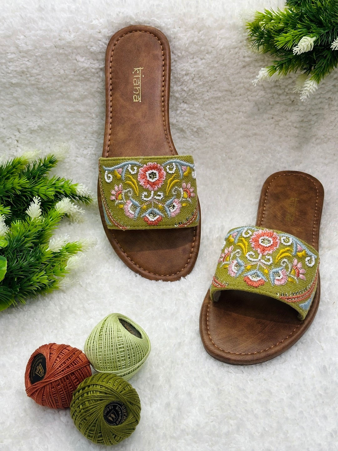 

Kiana Embellished Open Toe Flats, Green