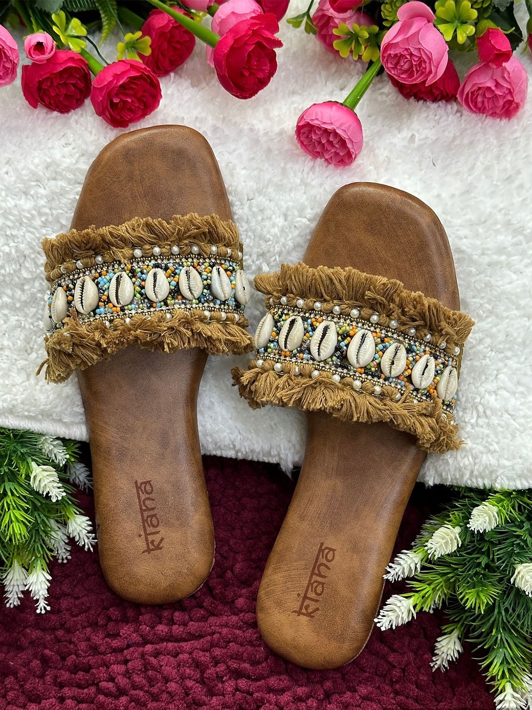 

Kiana Embellished Open Toe Flats, Brown