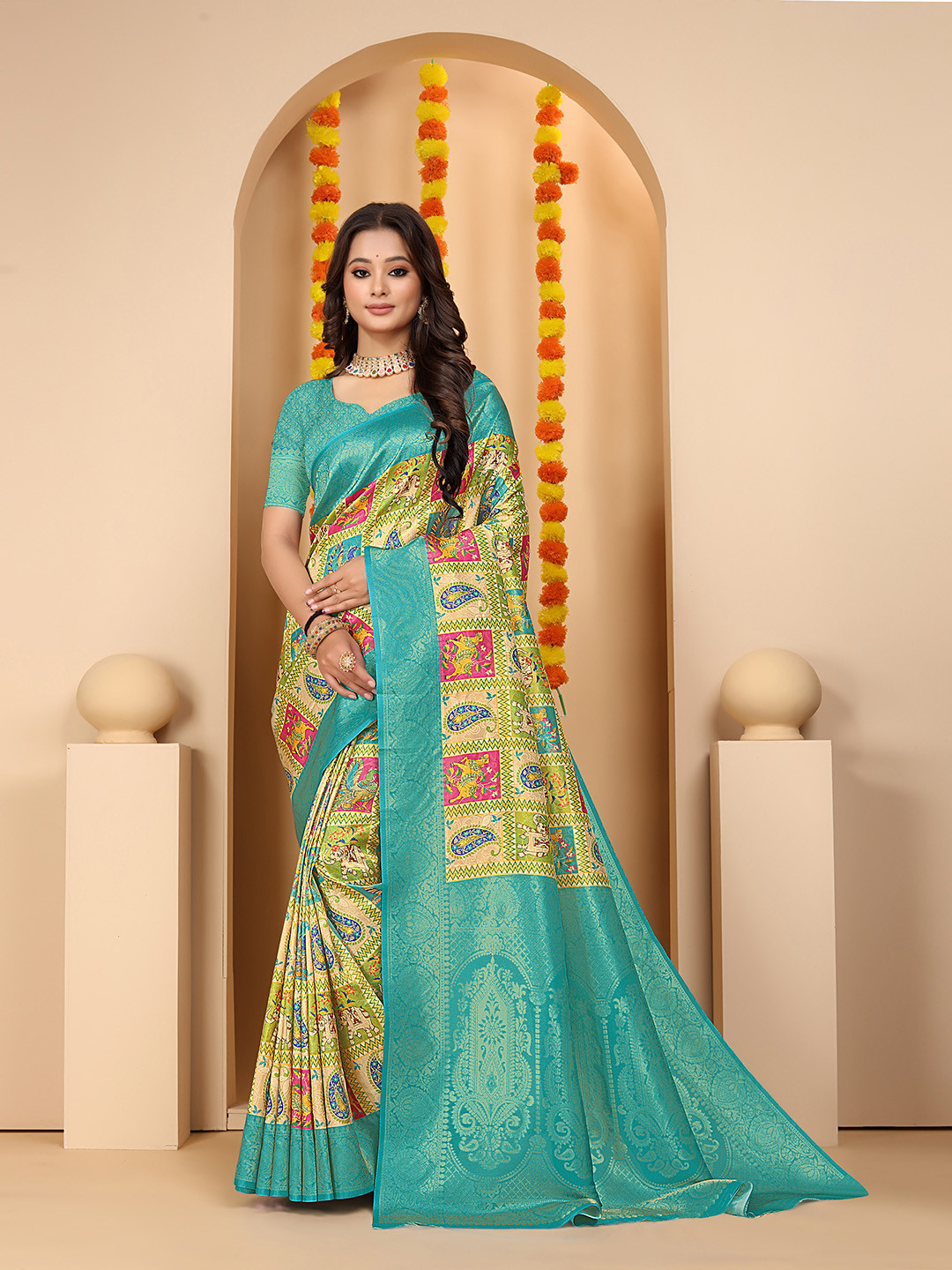 

Pionex Ethnic Print Zari Pure Silk Patola Saree, Blue