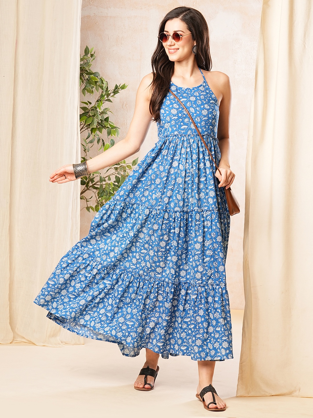 

Globus Floral Print Halter Neck Cotton Tiered Fit & Flare Fusion Maxi Dress, Blue