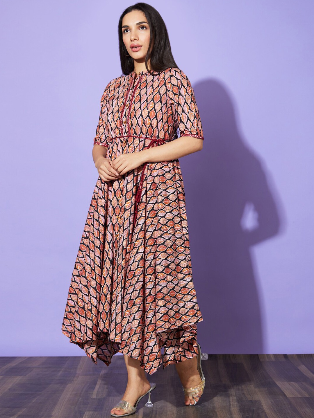 

Globus Ethnic Motifs Mandarin Collar Short Sleeves Cotton Fusion A-Line Dress, Black
