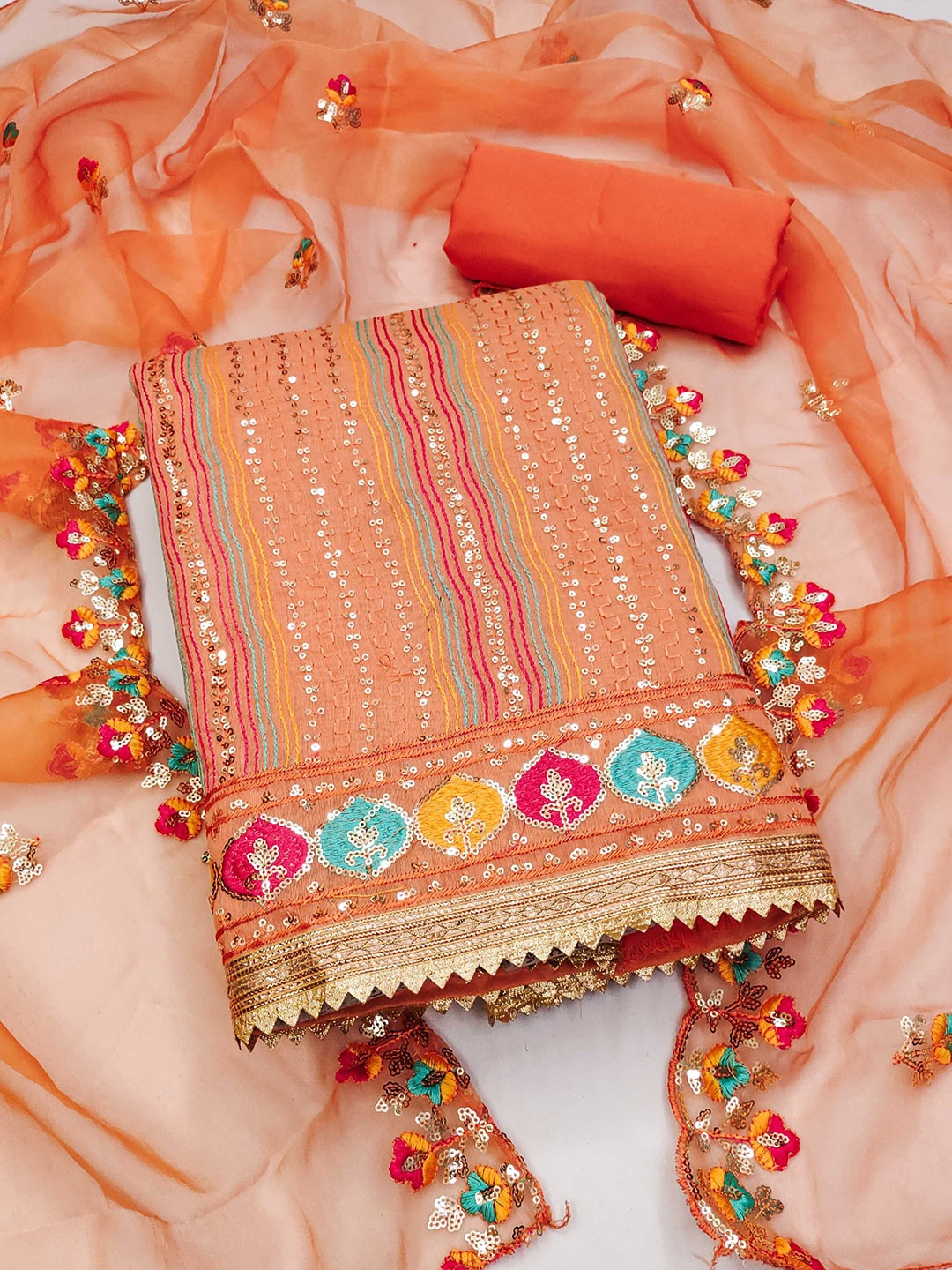 

Panzora Ethnic Motifs Embellished Sequinned Unstitched Dress Material, Orange