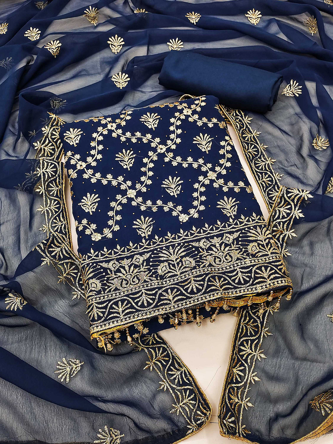 

Panzora Floral Embroidered Unstitched Dress Material, Blue