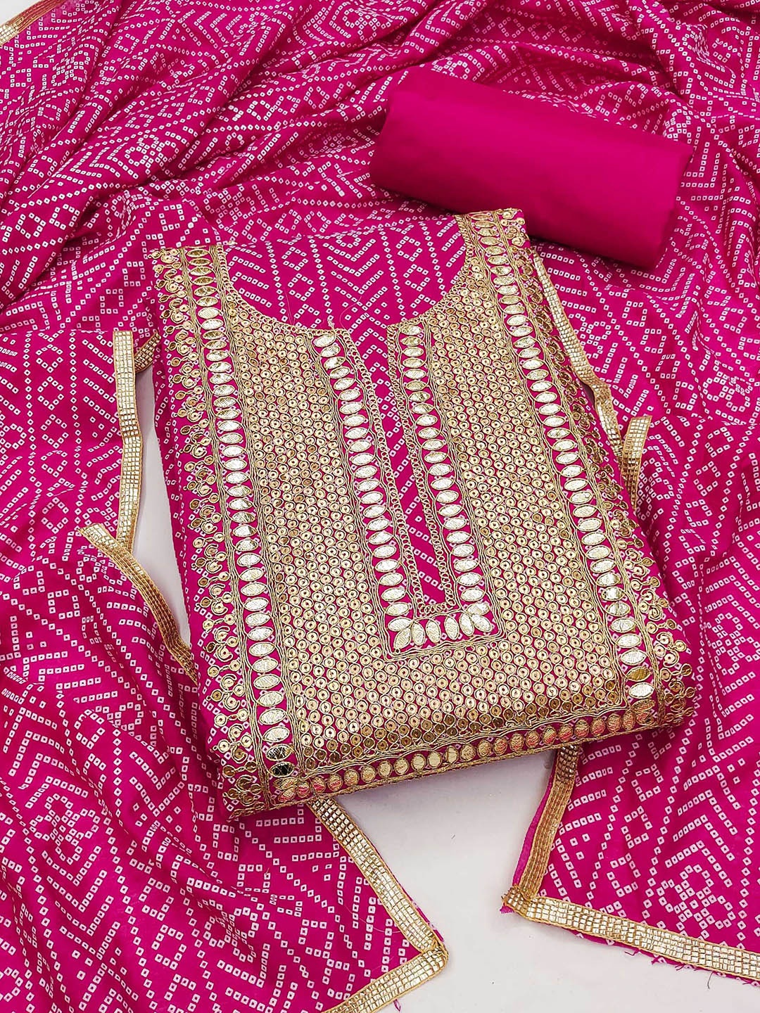

Panzora Bandhani Printed Sequinned Unstitched Dress Material, Pink