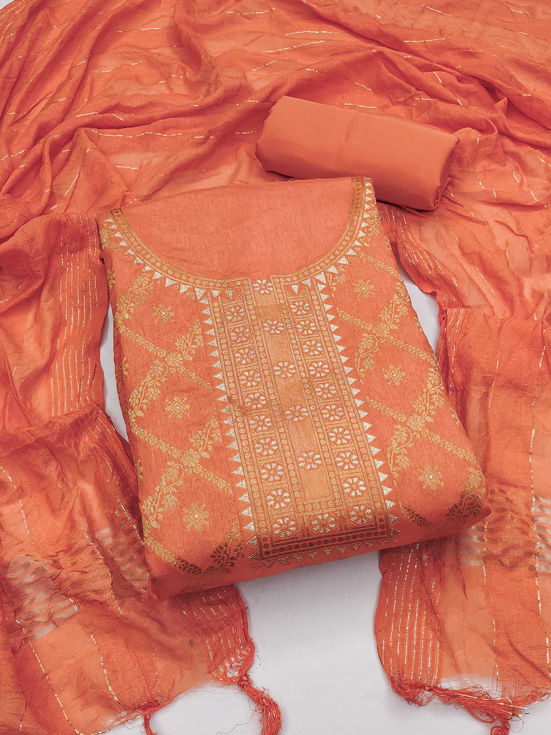 

Panzora Floral Woven Design Zari Unstitched Dress Material, Orange