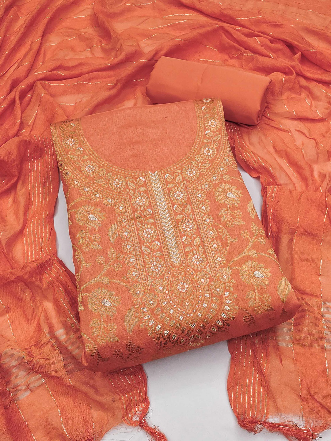 

Panzora Ethnic Motifs Woven Design Unstitched Dress Material, Orange