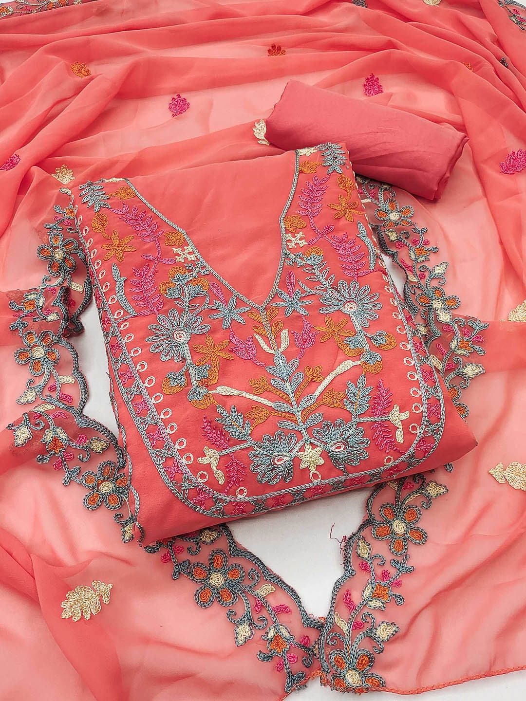 

Panzora Floral Embroidered Unstitched Dress Material, Peach