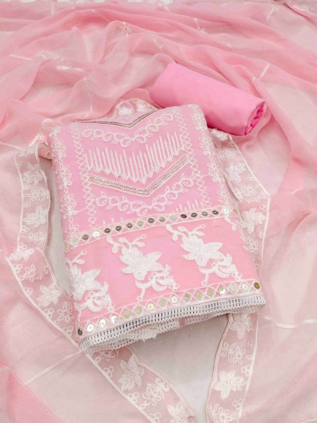 

Panzora Floral Embroidered Sequinned Unstitched Dress Material, Pink