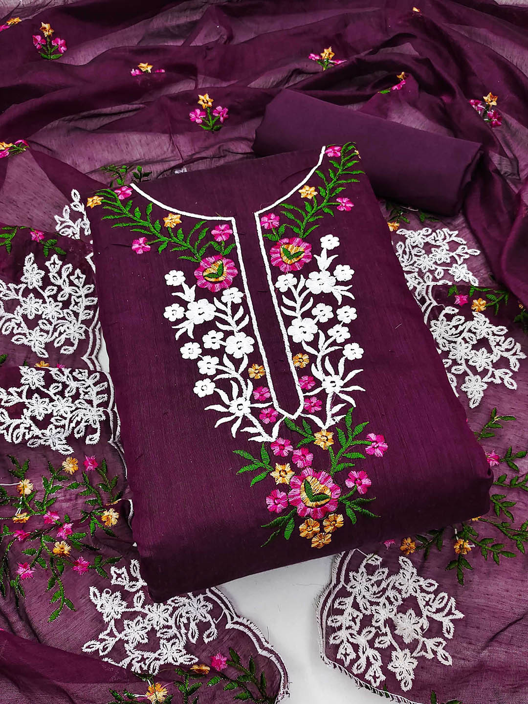 

Panzora Floral Embroidered Unstitched Dress Material, Purple