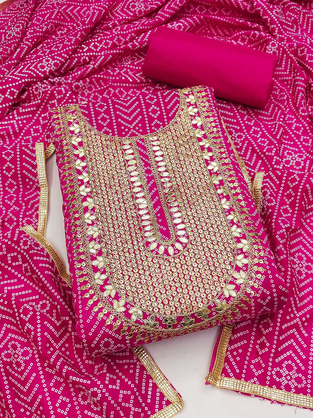 

Panzora Bandhani Embroidered Sequinned Unstitched Dress Material, Pink