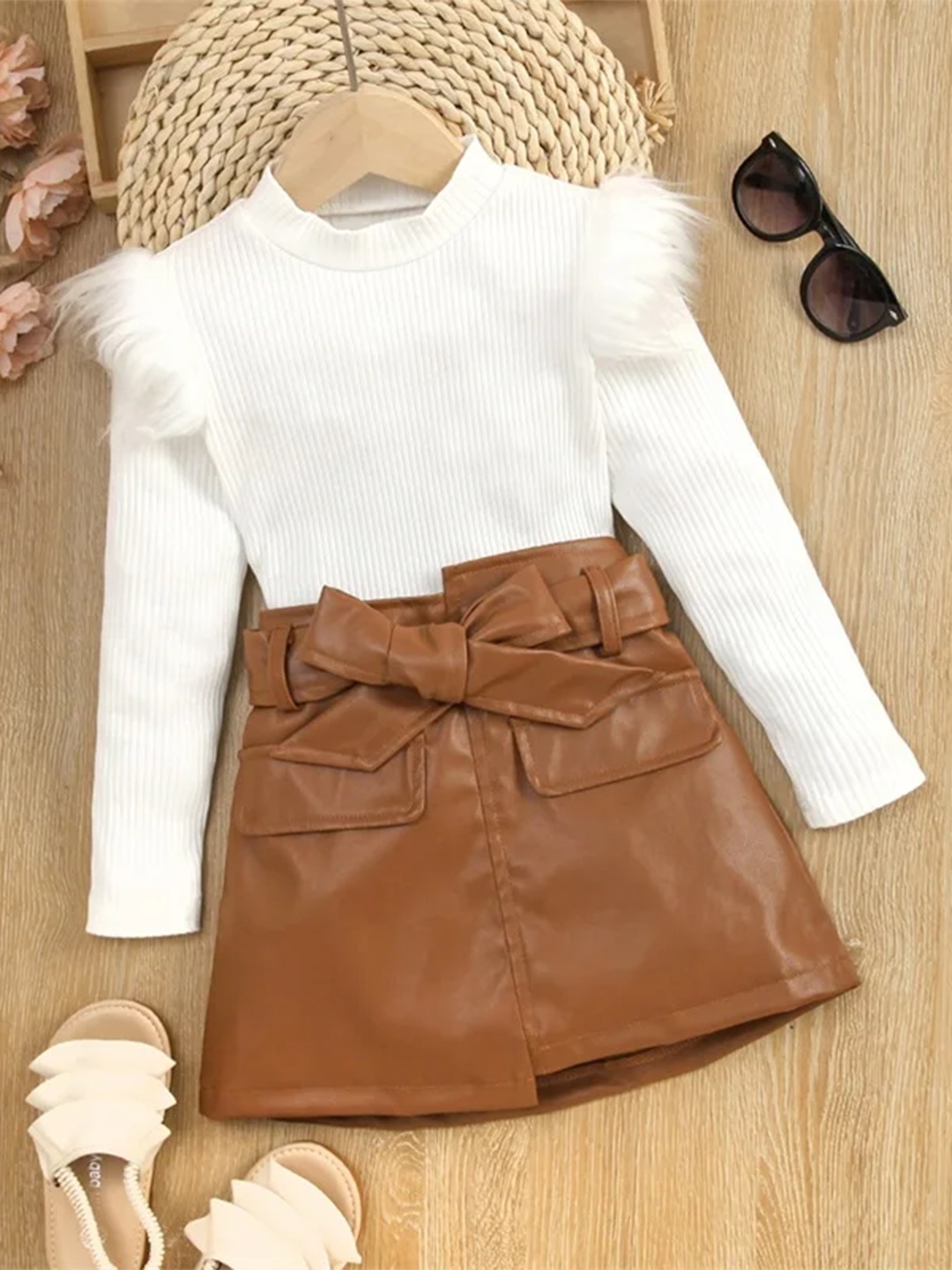 

Bold N Elegant Girls Striped Round Neck Top with Skirt, White