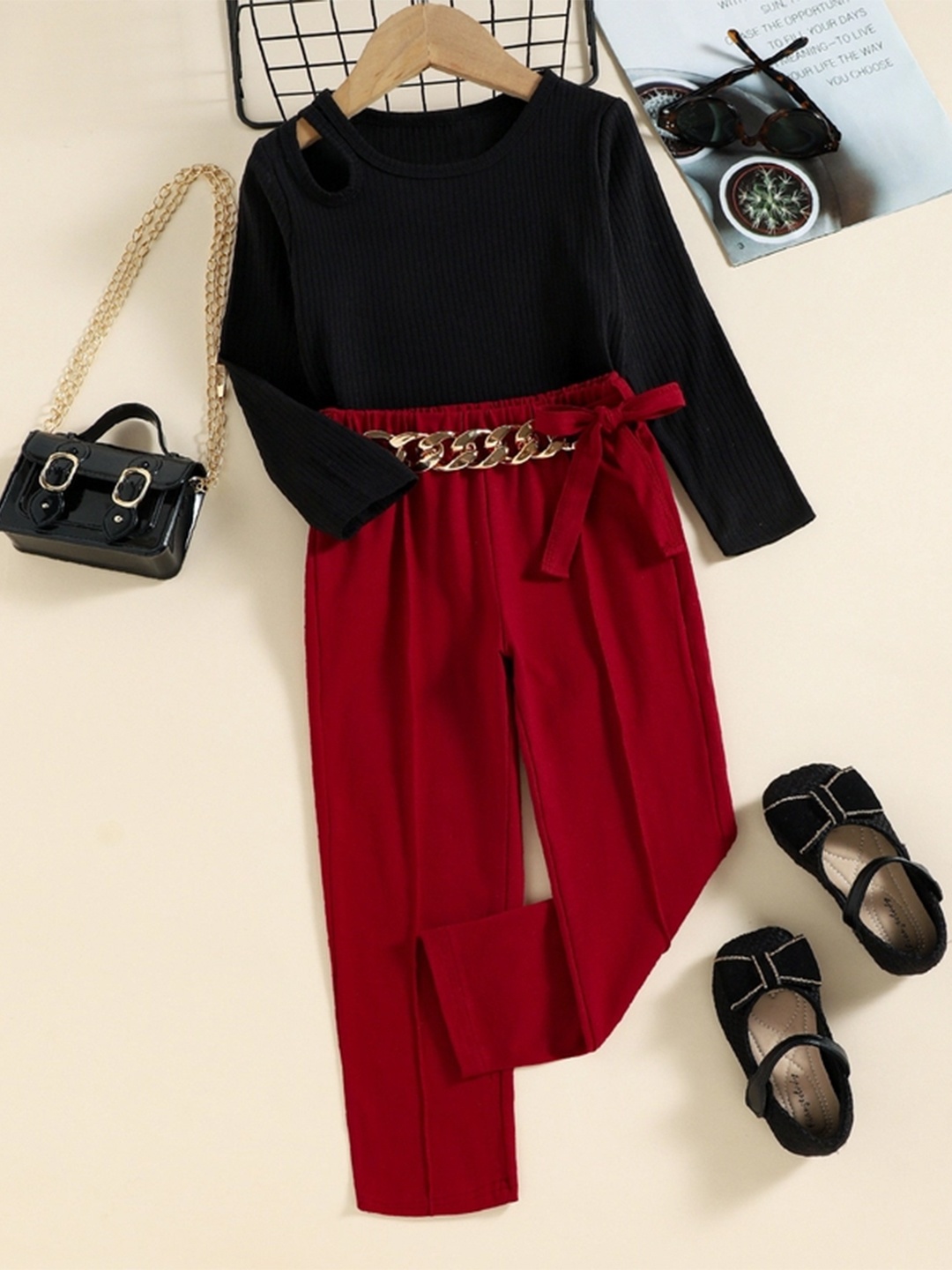 

Bold N Elegant Girls Round Neck Top with Trousers, Black
