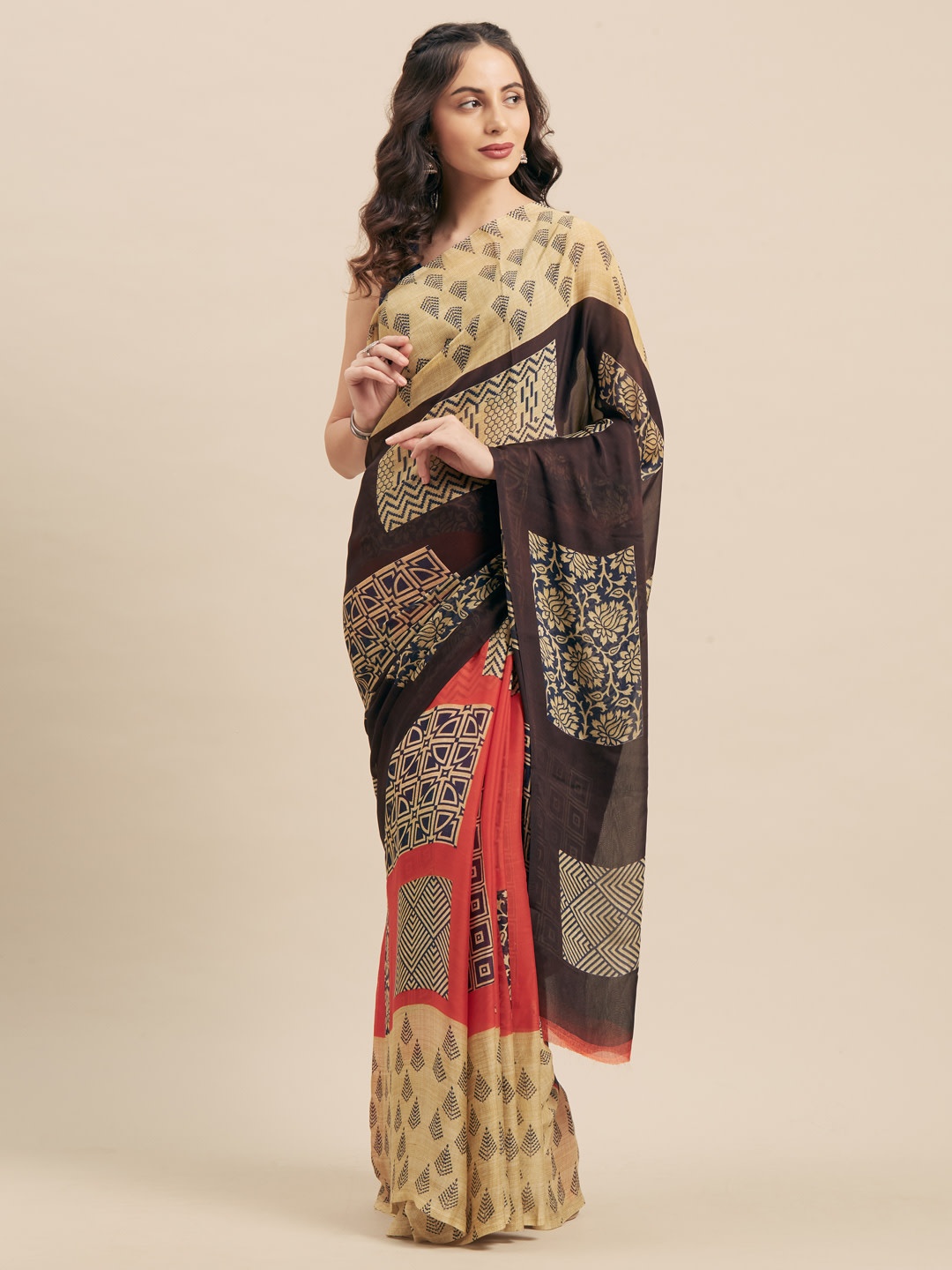 

KALINI Ethnic Motifs Printed Satin Saree, Beige