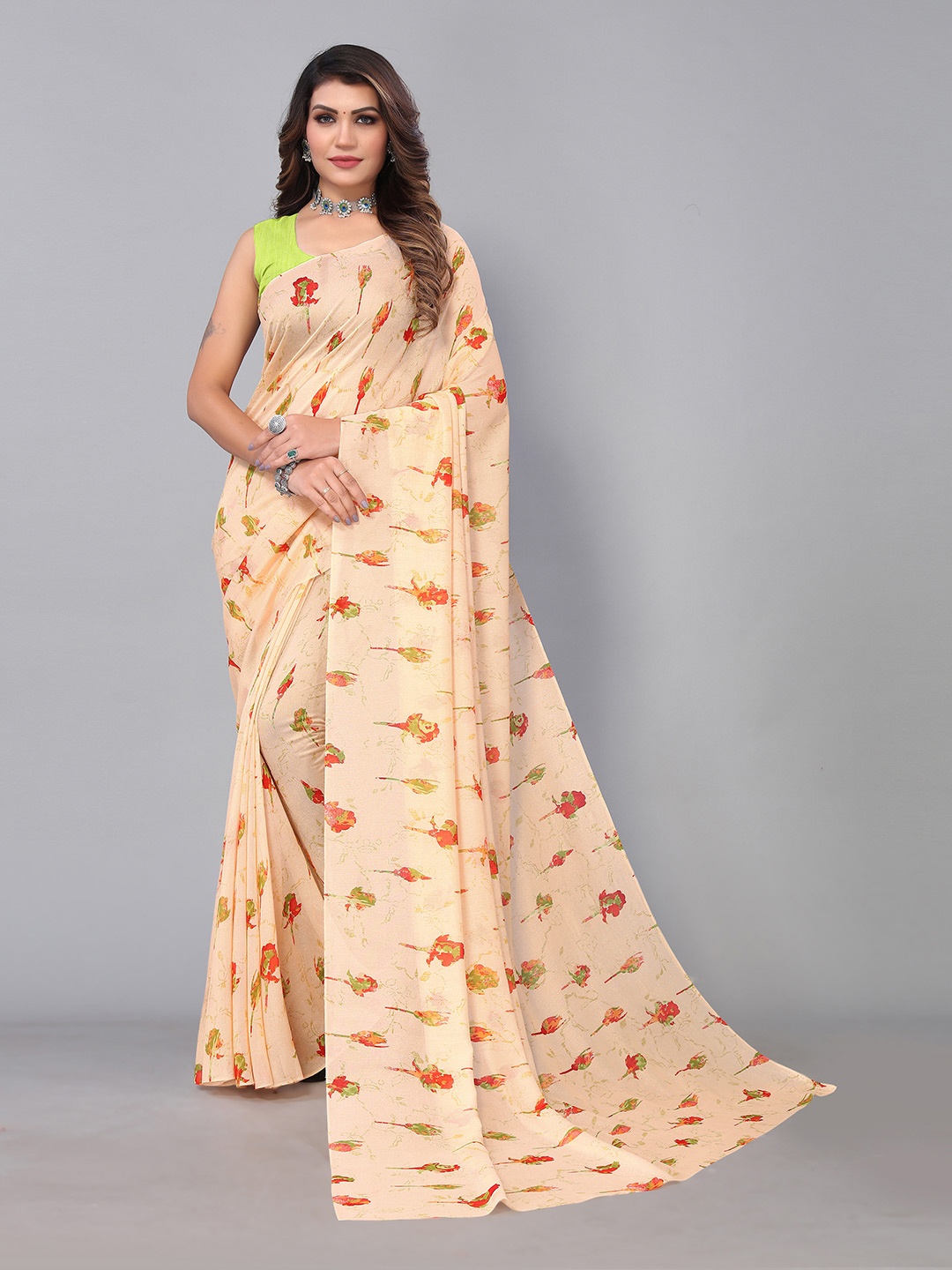 

KALINI Floral Printed Brasso Saree, Beige