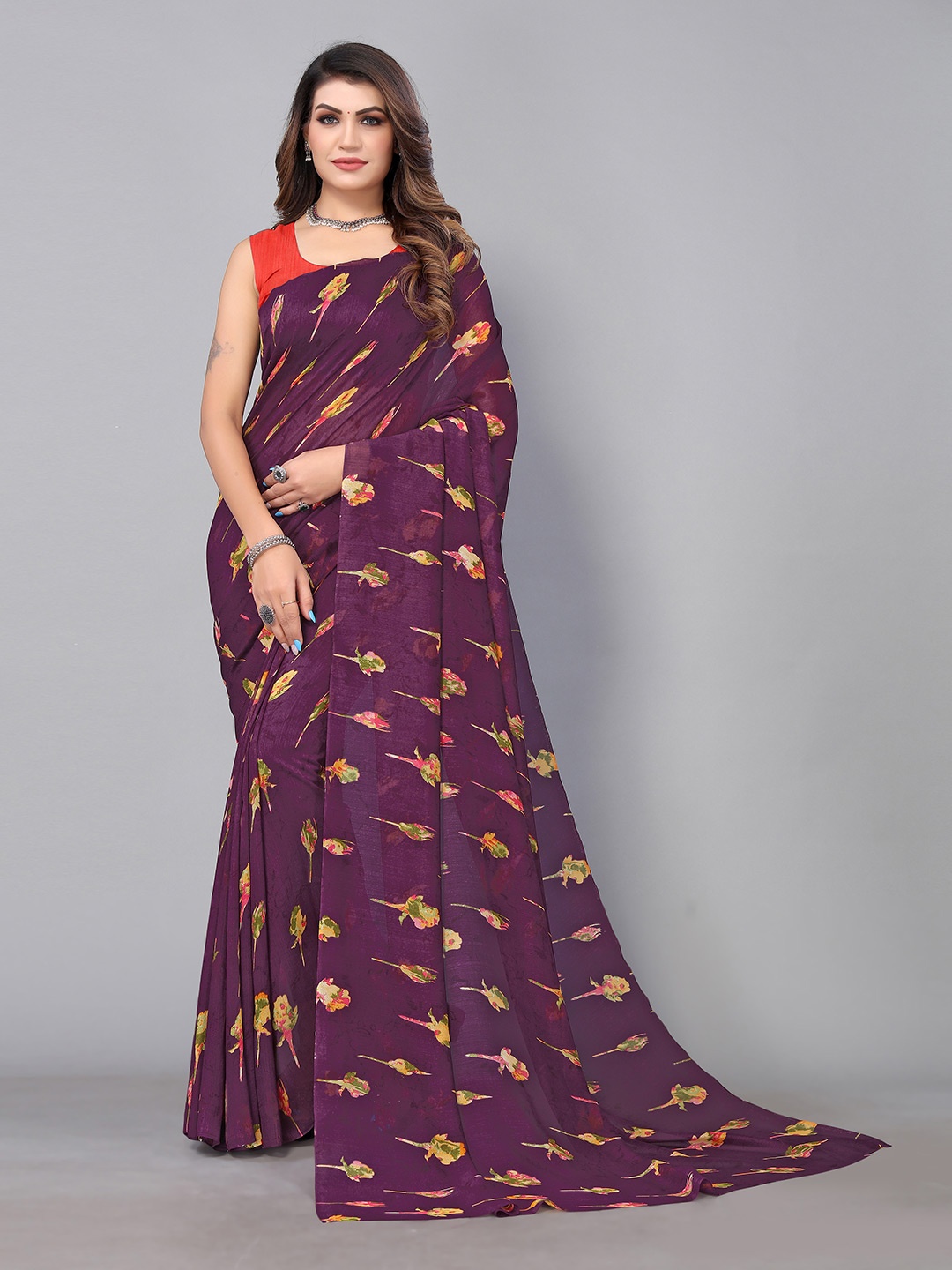 

KALINI Floral Printed Brasso Saree, Purple