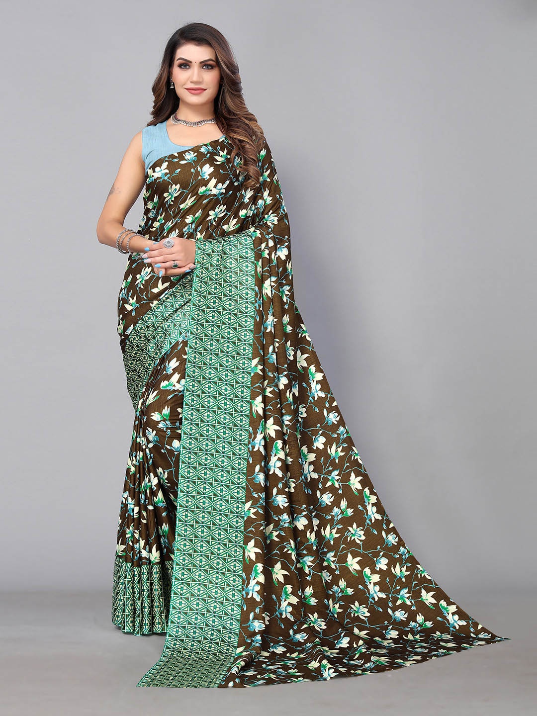 

KALINI Floral Printed Saree, Olive