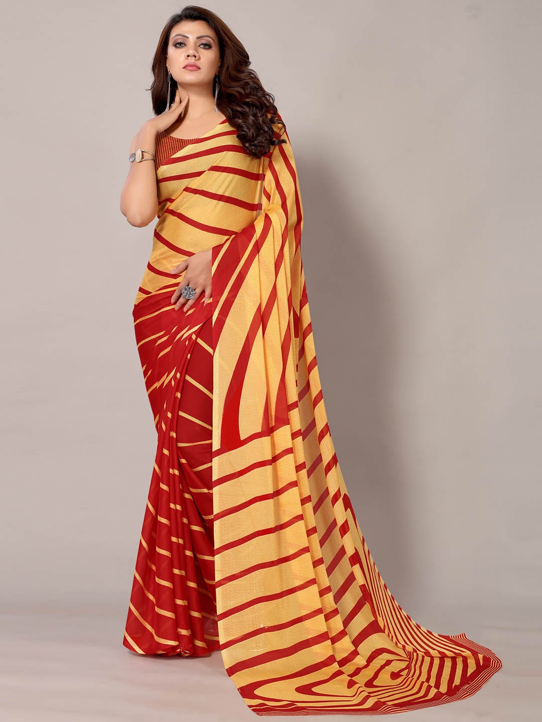 

KALINI Striped Satin Saree, Beige