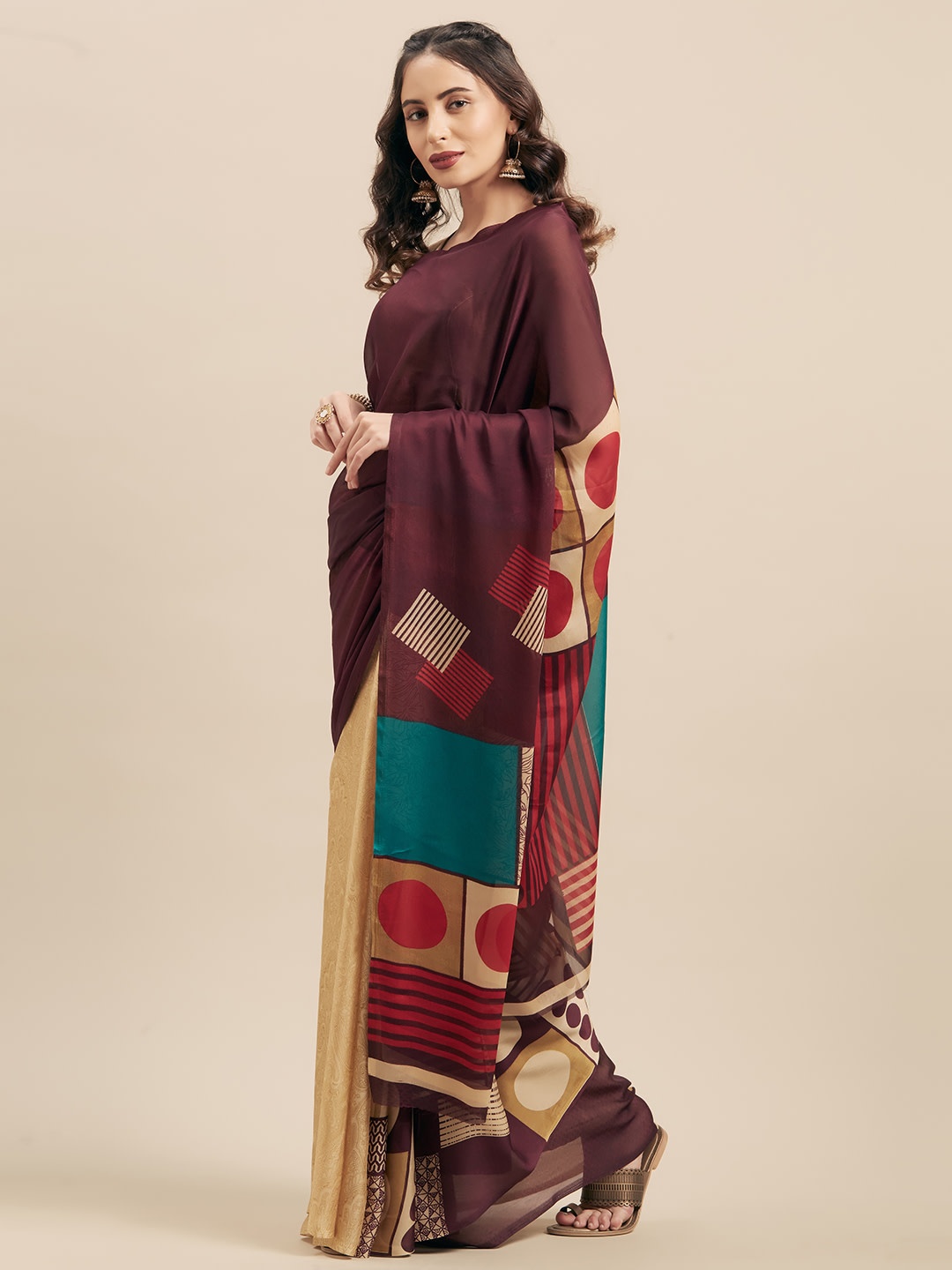 

KALINI Geometric Printed Satin Saree, Brown