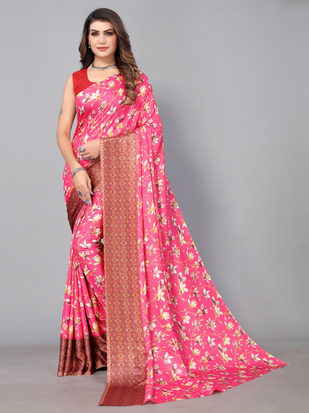 

KALINI Floral Printed Art Silk Saree, Pink