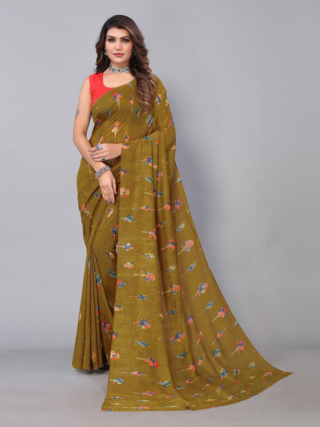 

KALINI Floral Printed Brasso Saree, Olive