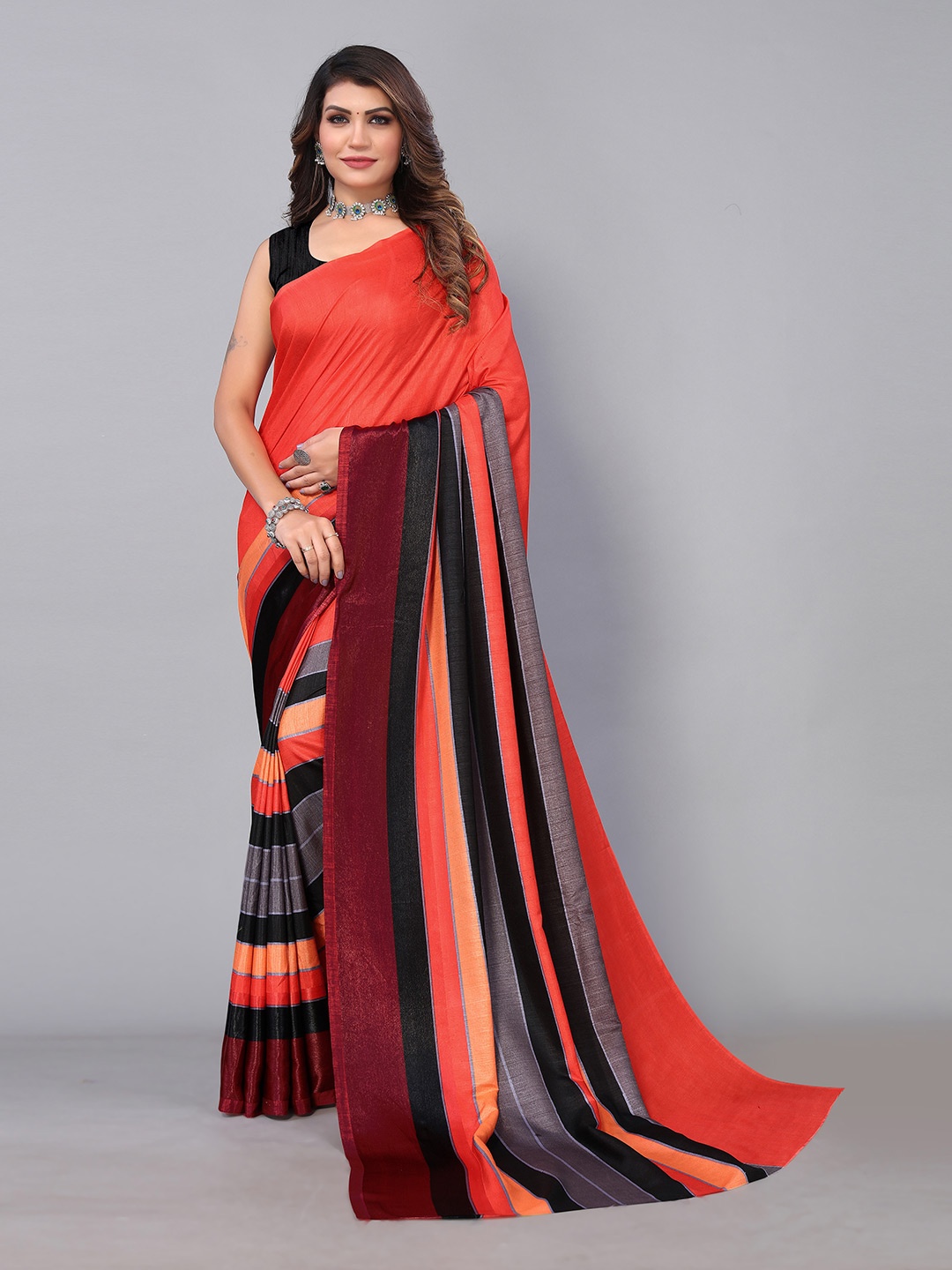 

KALINI Striped Silk Blend Saree, Red