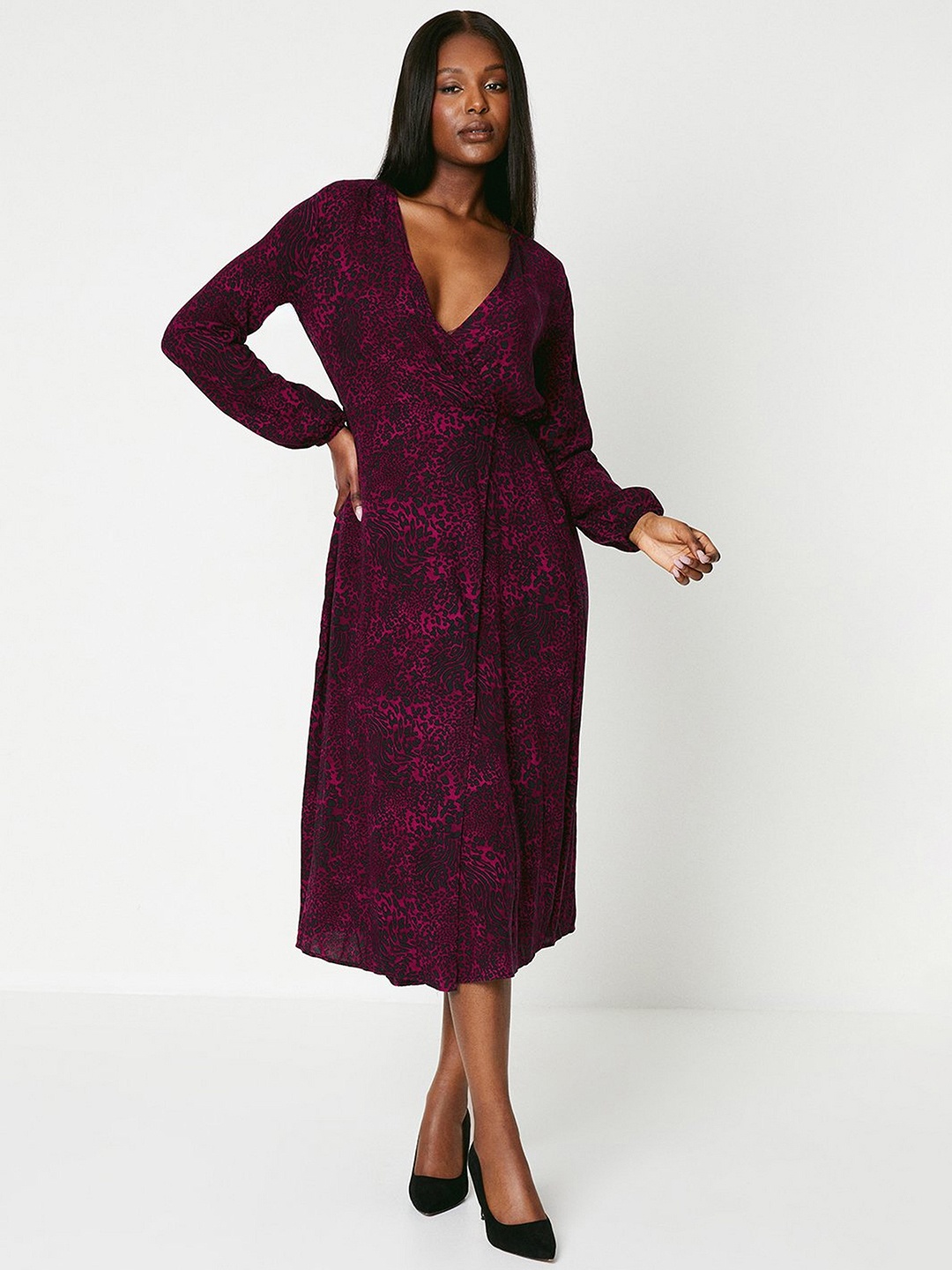 

DOROTHY PERKINS Animal Print Puff Sleeve Midi Dress, Maroon