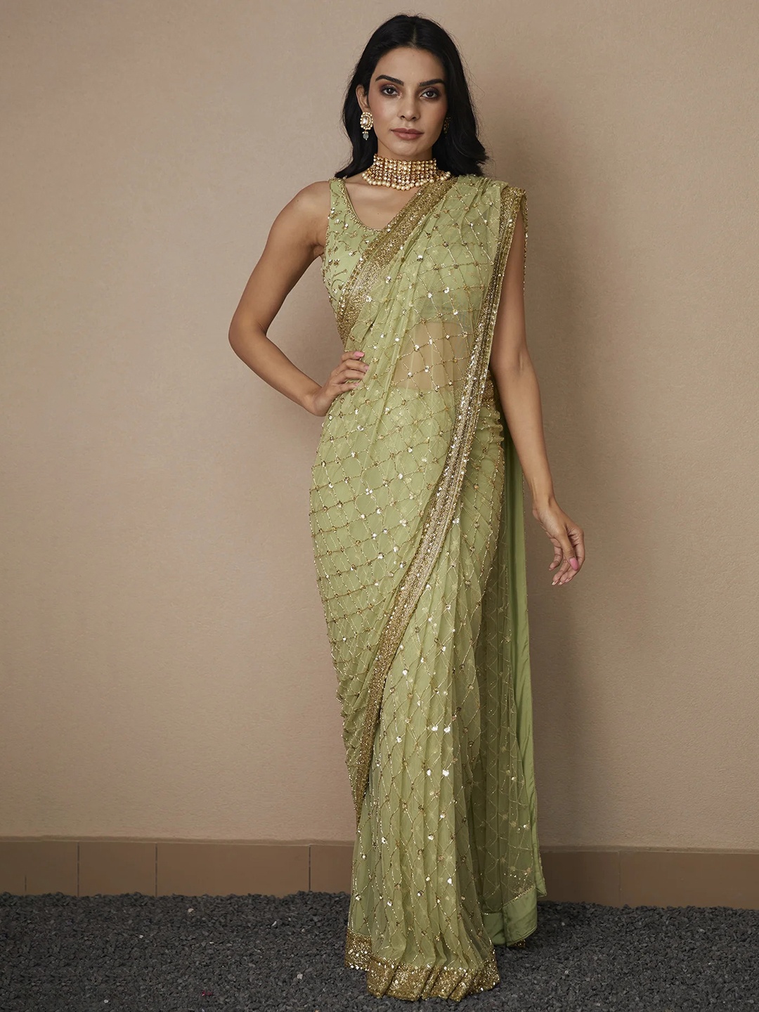

Ekasya Embellished Sequinned Net Saree, Olive