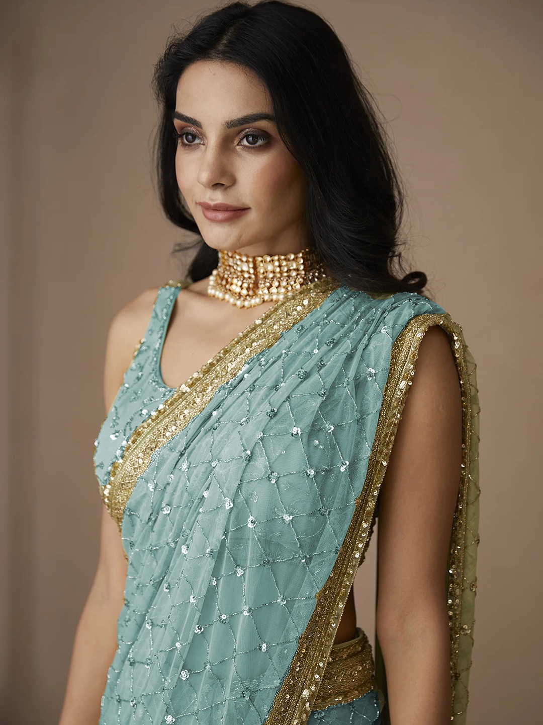 

Ekasya Embellished Sequinned Net Saree, Turquoise blue