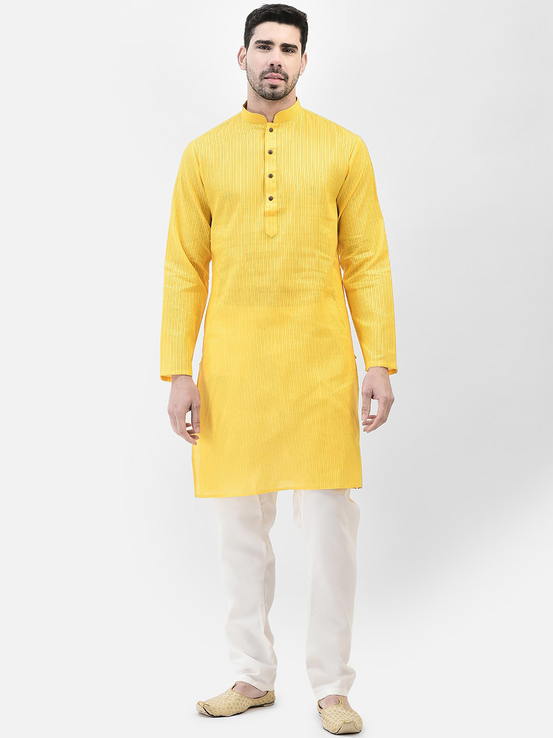 

SG LEMAN Mandarin Collar Long Sleeves Embroidered Regular Kurta with Pyjamas, Yellow