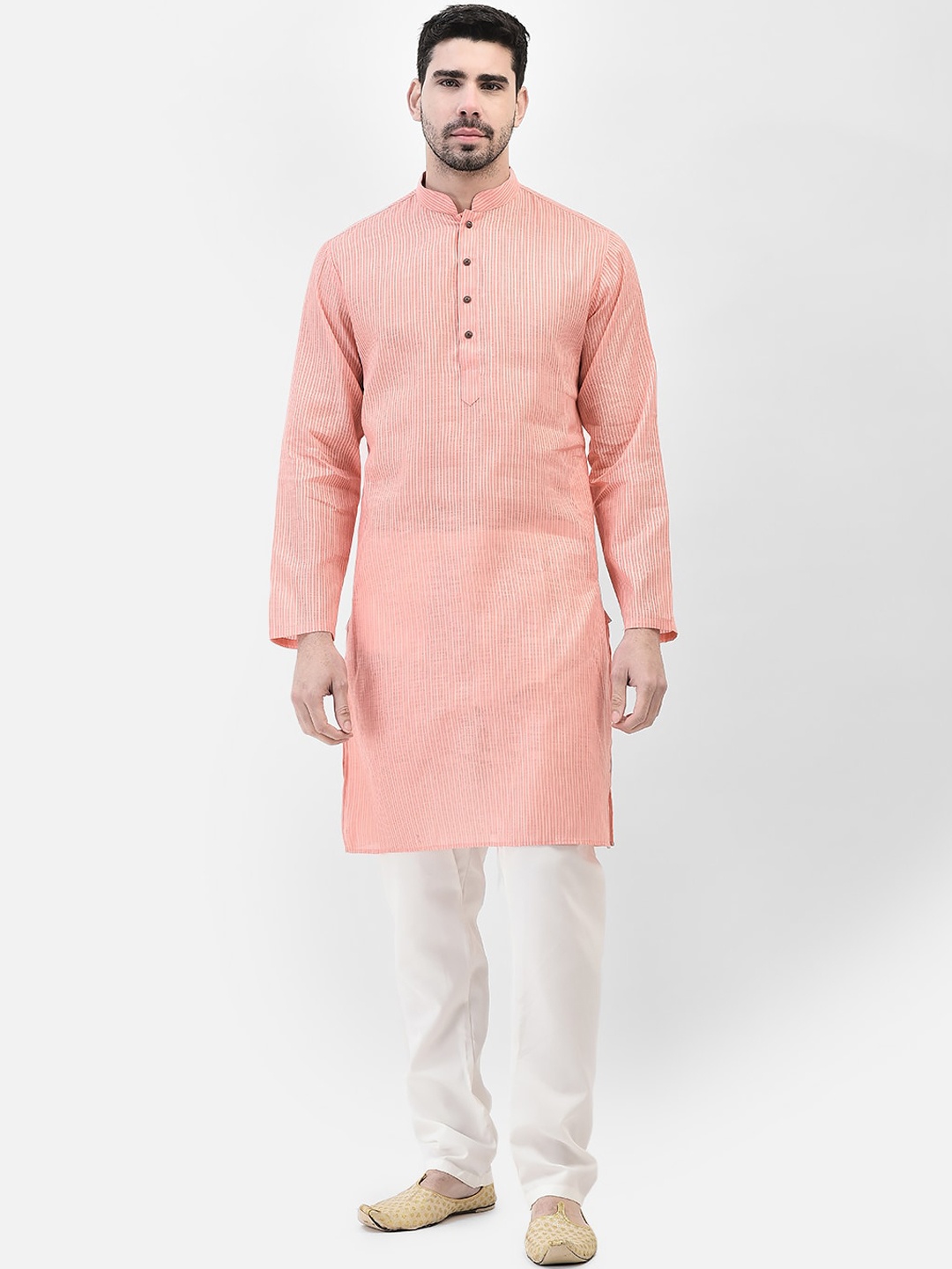 

SG LEMAN Striped Mandarin Collar Regular Kurta With Pyjama, Peach