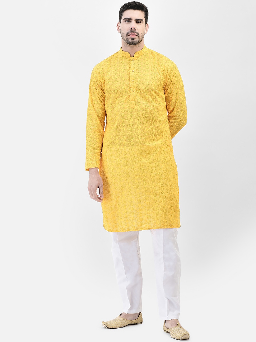 

SG LEMAN Mandarin Collar Long Sleeves Ethnic Motifs Embroidered Regular Kurta with Pyjamas, Yellow