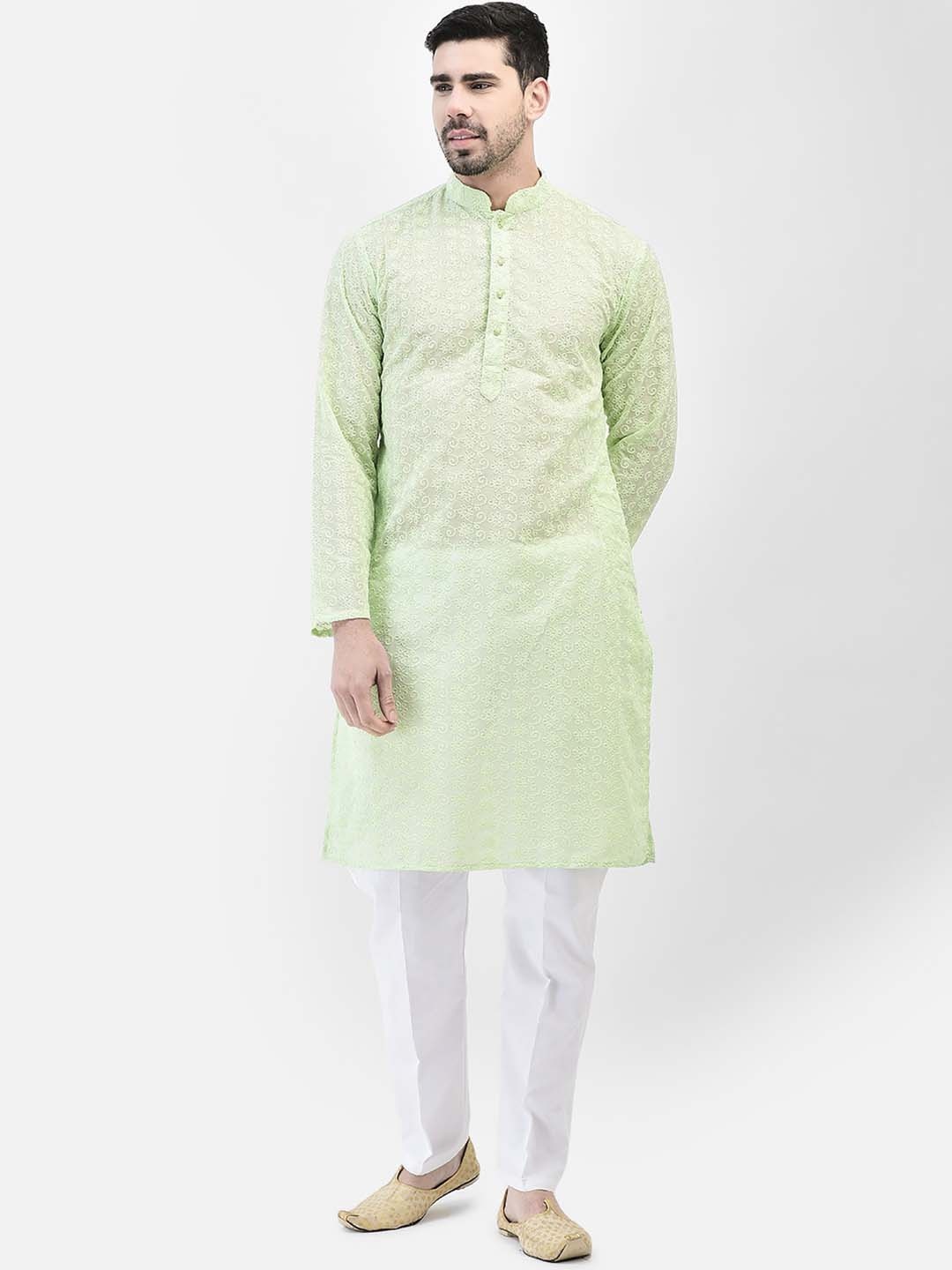 

SG LEMAN Mandarin Collar Floral Embroidered Regular Thread Work Kurta with Pyjamas, Sea green