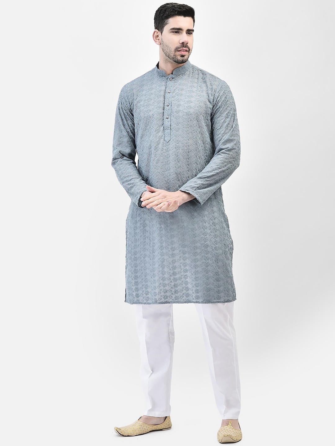 

SG LEMAN Mandarin Collar Long Sleeves Embroidered Regular Kurta with Pyjamas, Grey