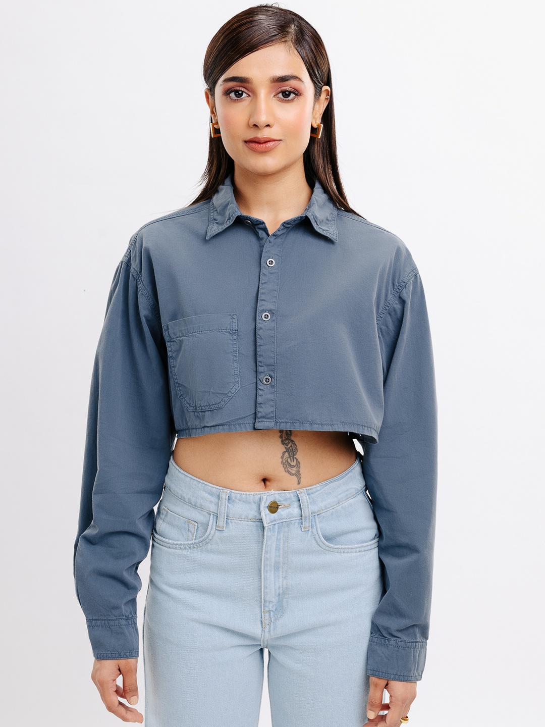 

FREAKINS Opaque Cropped Casual Shirt, Grey