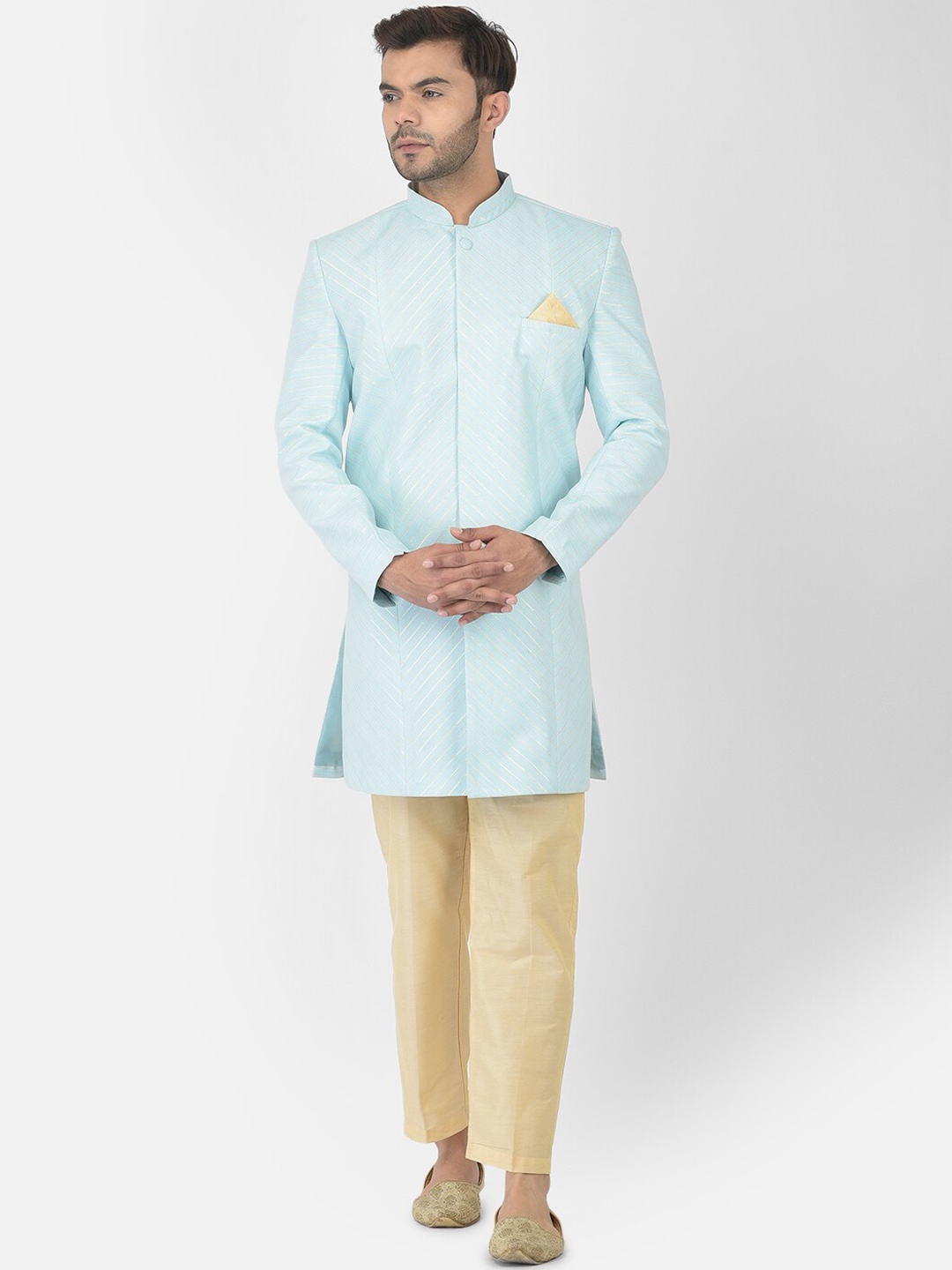 

DEYANN Striped Mandarin Collar Cotton Sherwani With Trouser, Blue